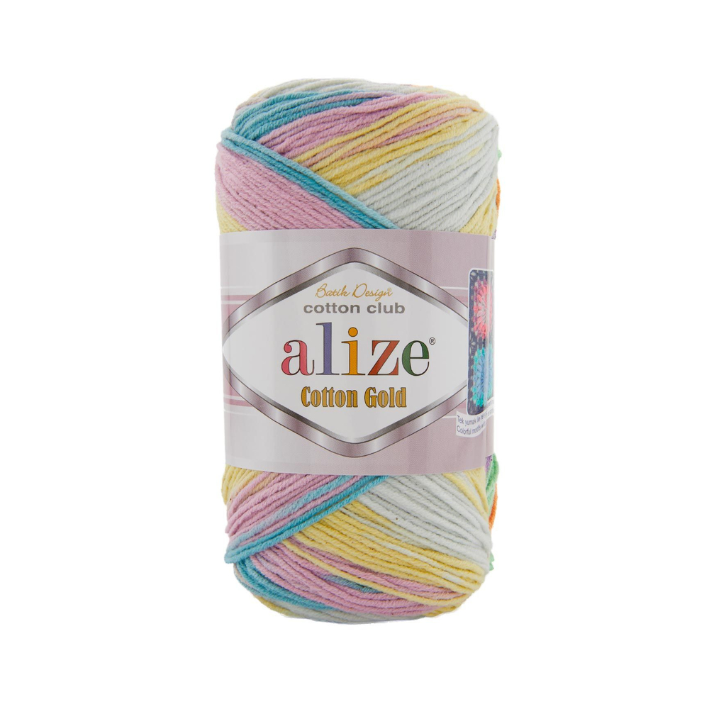 Коттон голд батик (Cotton gold batik) пряжа Alize 55%хлопок 45%акрил 5х100г/330м (8091 св.джинсовый-розовый-жёлтый)
