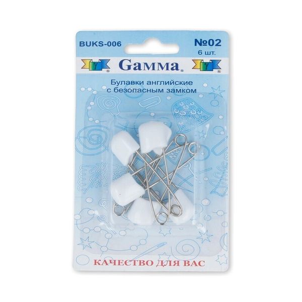 Булавки английские безопасные 40 мм, 6 шт, 02 белый, Gamma BUKS-006