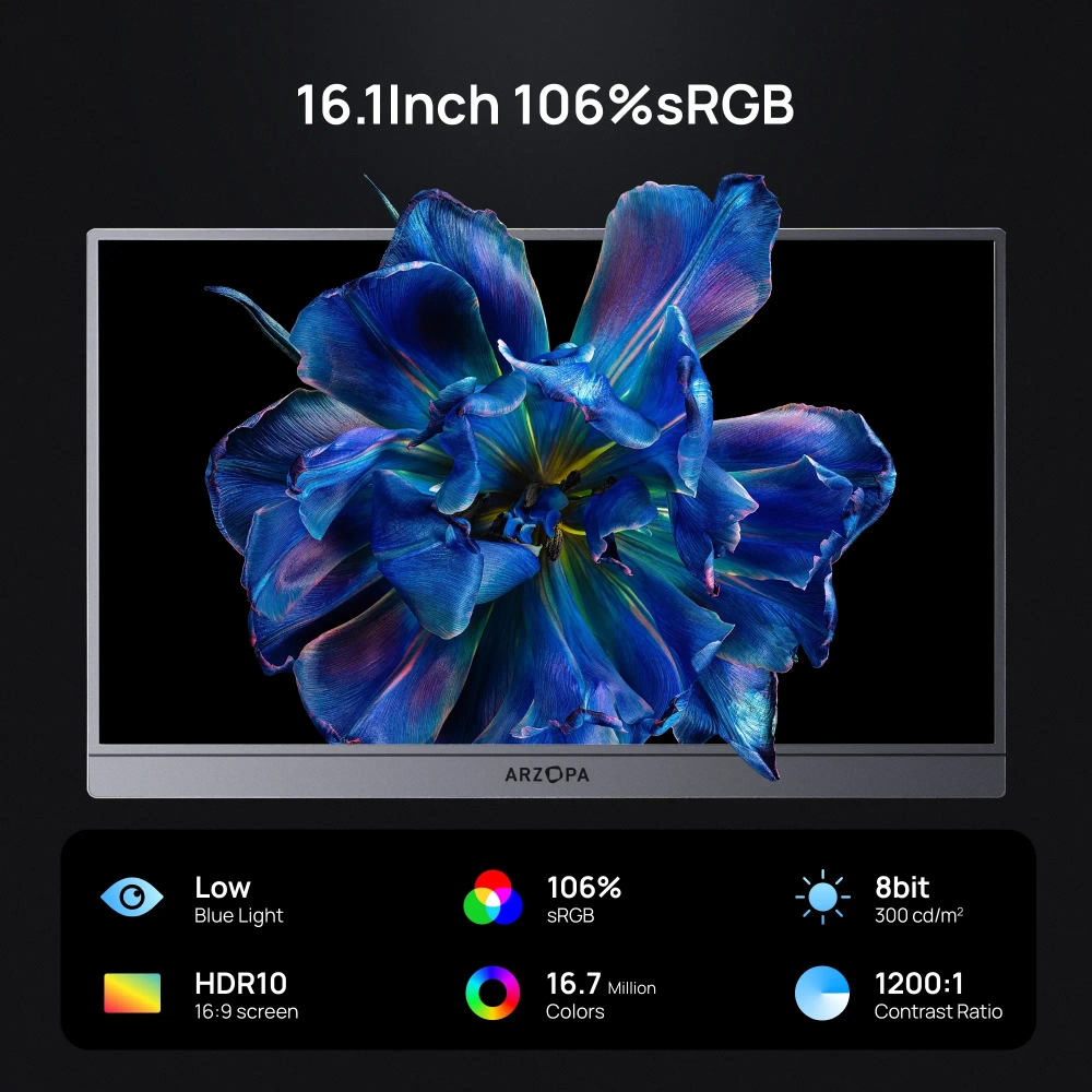 16.1" Портативный монитор ARZOPA Z1FC 144Hz FHD (1920х1080), серый с чехлом (Без БП)