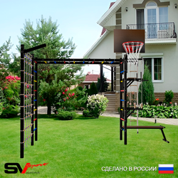 Уличная шведская стенка Sv Sport рукоход с комплектом турник прямой У5125К (Турник/Брусья/Стойка/Скамья/Щит баскет/Кронш бокс/Канат/кольца/лестница/Сетка)