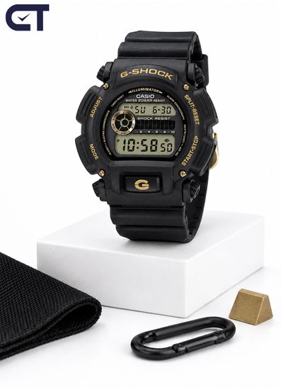 Casio DW-9052GBX-1A9SDR мужские часы — чёрные G-SHOCK с золотыми акцентами