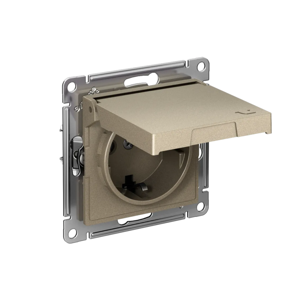 ATLASDESIGN РОЗЕТКА с заземлением со шторками с крышкой,16А,IP20, мех.,быстрозажим. клем., ШАМПАНЬ