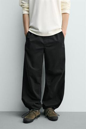 ZARA БРЮКИ-ПАРАШЮТ RELAXED FIT, ЧЕРНЫЙ