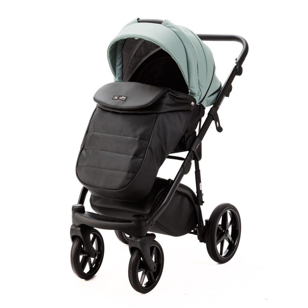 Детская универсальная коляска Adamex NOLA Deluxe 2 в 1 N-SD103 (Серо-зеленая экокожа, Черная экокожа)