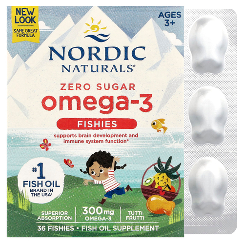 Nordic Naturals, рыбки с омега-3, без сахара, для детей от 3 лет, тутти фрутти, 300 мг, 36 рыбок
