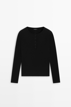 Massimo Dutti Футболка с воротником на пуговицах и длинными рукавами из 100% хлопка, черный