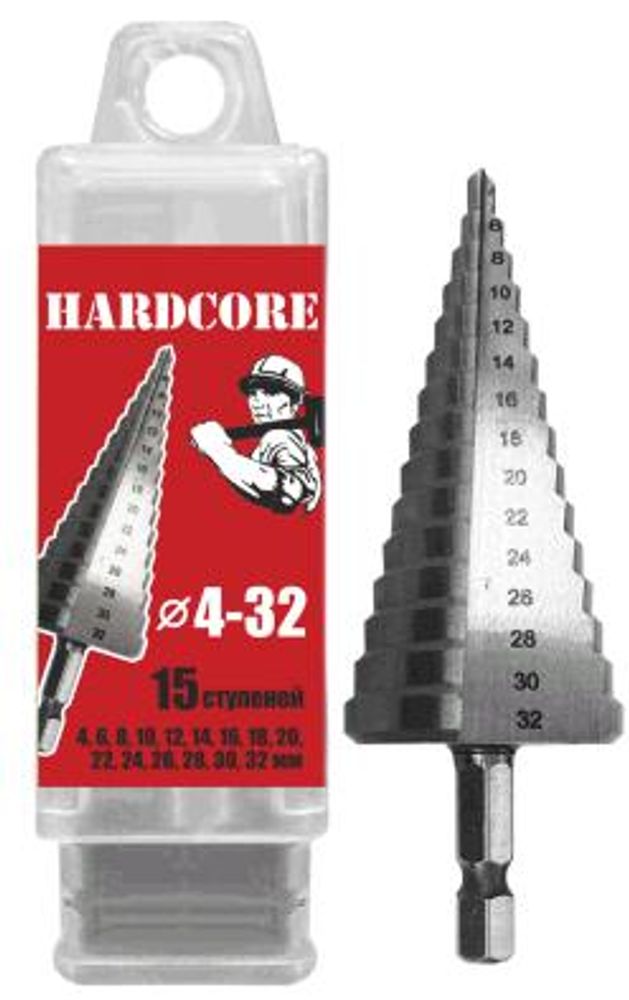 Сверло ступенчатое по металлу, 15ступеней (4-32мм) / Hardcore 142432 Сверло ступенчатое по металлу, 15ступеней (4-32мм) / Hardcore 142432