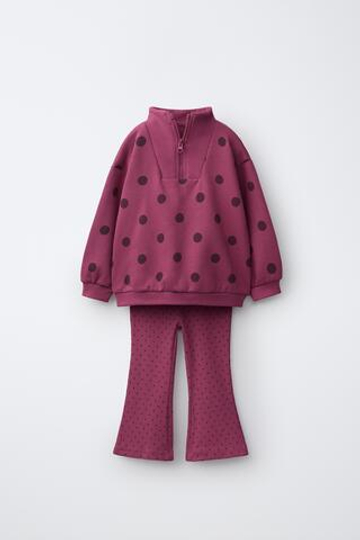 ZARA КОМПЛЕКТ ИЗ ТОЛСТОВКИ И РАСКЛЕШЁННЫХ ЛЕГИНСОВ С ПРИНТОМ В ГОРОШЕК, ЦВЕТ ФУКСИИ