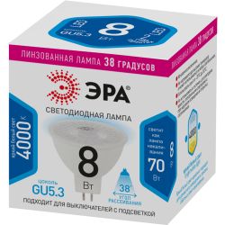 Лампа светодиодная ЭРА STD LED Lense MR16-8W-840-GU5.3 8Вт линзованная софит нейтральный белый свет GU5.3 | Софиты линзованные (MR) STD