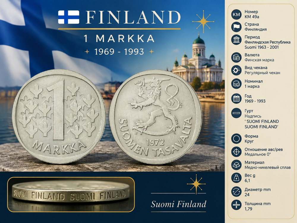 Финляндия 1 марка, 1972 Герб XF