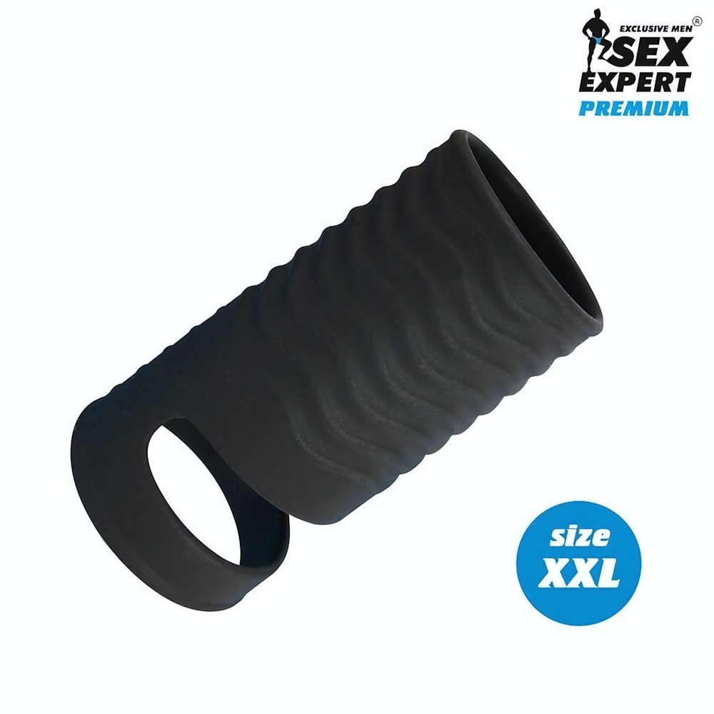 Черная открытая насадка на пенис с кольцом для мошонки XXL-size - 9,4 см. (Цвет: черный)