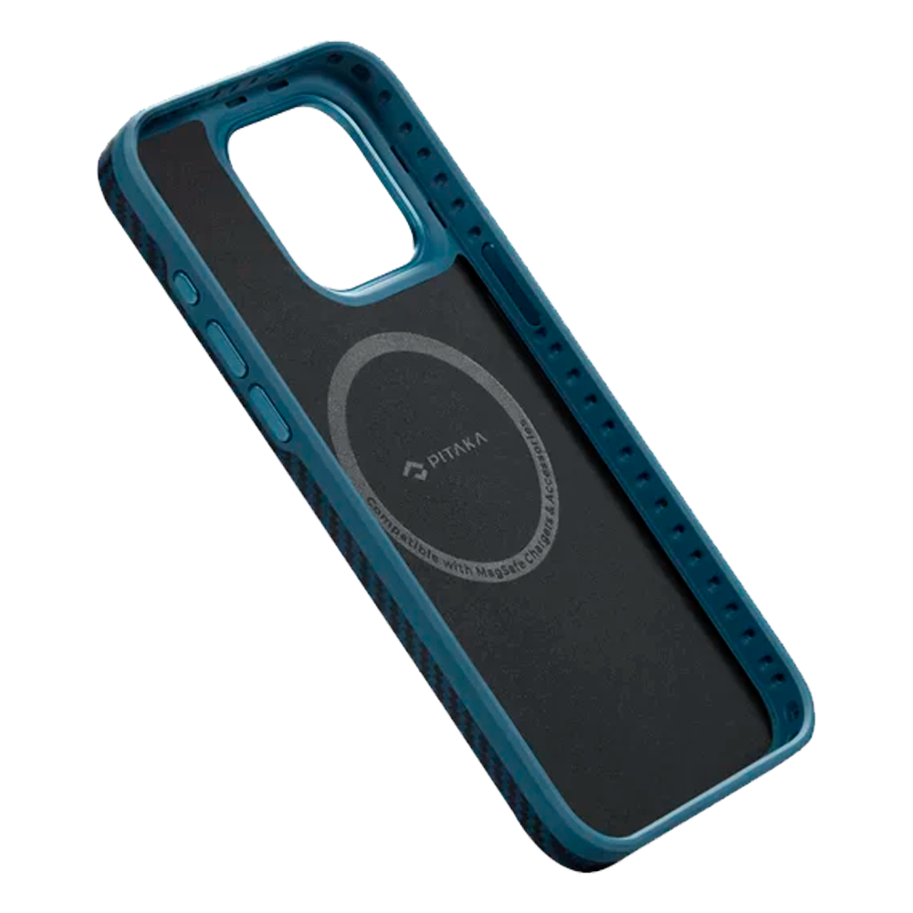 Чехол из арамидного волокна с поддержкой MagSafe PITAKA MagEZ Case 4 1500D для iPhone 15, Black / Blue Twill (Cаржевое переплетение)
