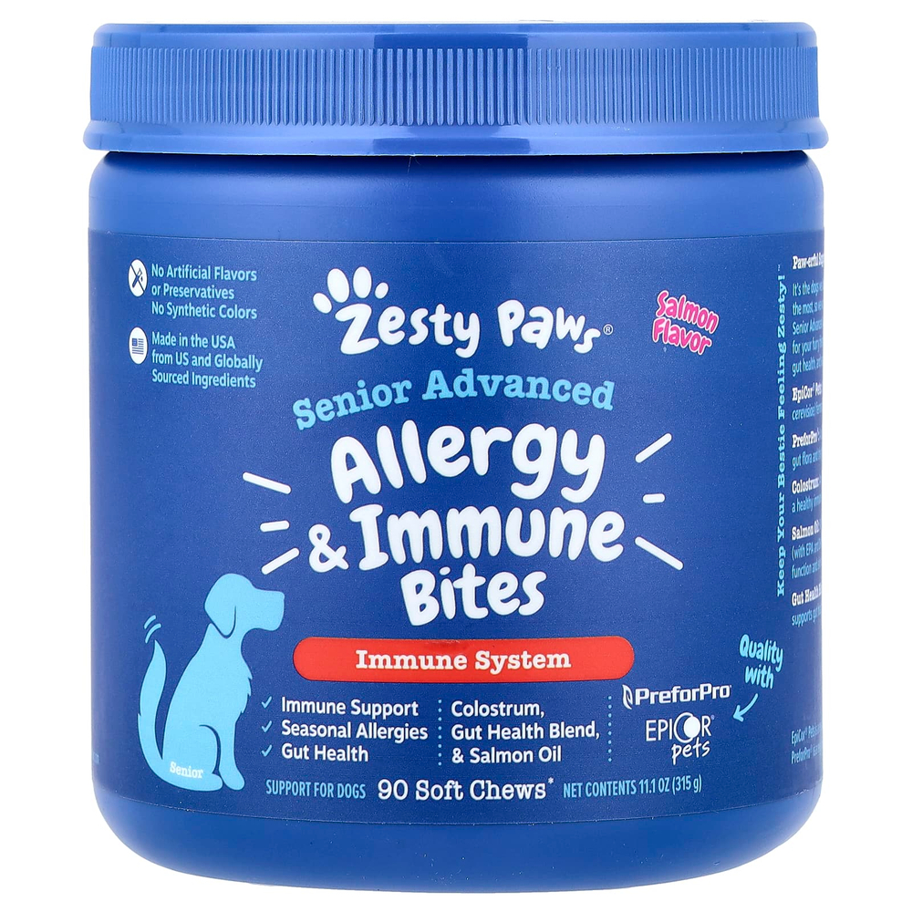 Zesty Paws, Senior Advanced, добавка от аллергии и иммунитета, для собак, со вкусом лосося, 90 жевательных таблеток, 315 г (11,1 унции)