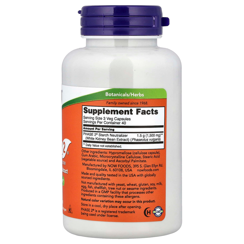NOW Foods, Phase 2®, нейтрализатор крахмала, 500 мг, 120 растительных капсул