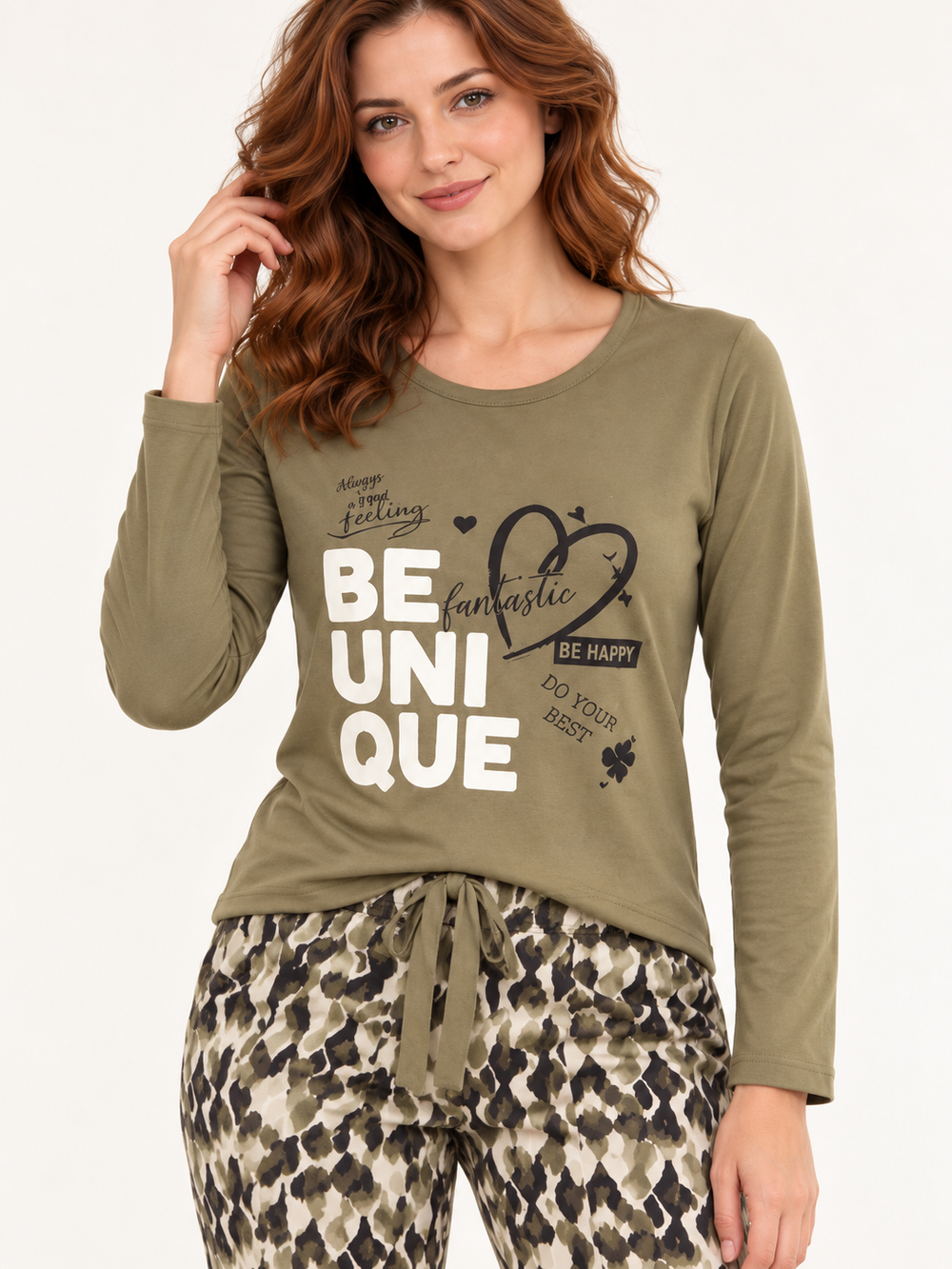 Женская пижама-комплект RUBINA Secret Homewear: верх и брюки, оливковая BE UNIQUE