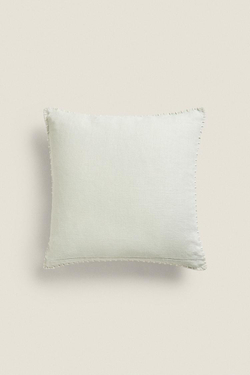 ZARA HOME ОДНОТОННЫЙ ЛЬНЯНОЙ ЧЕХОЛ ДЛЯ ДЕКОРАТИВНОЙ ПОДУШКИ С КОНТРАСТНОЙ СТРОЧКОЙ, ЗЕЛЕНОВАТЫЙ