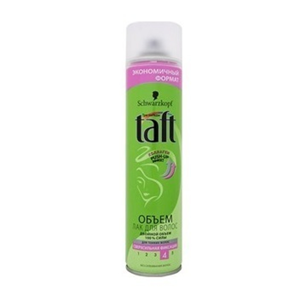 Taft Лак для волос Объем и 100% сильные волосы, суперсильная фиксация, флакон с зелено-розовой полосой, 225 мл