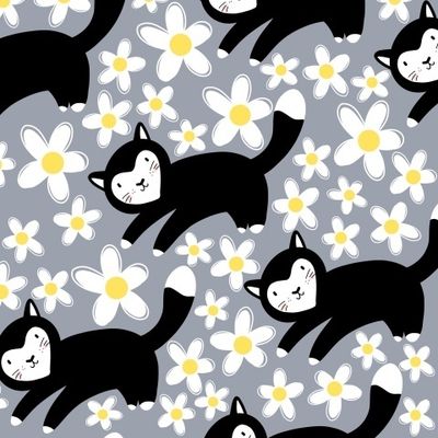 Котики и цветы на сером фоне (детский фон)