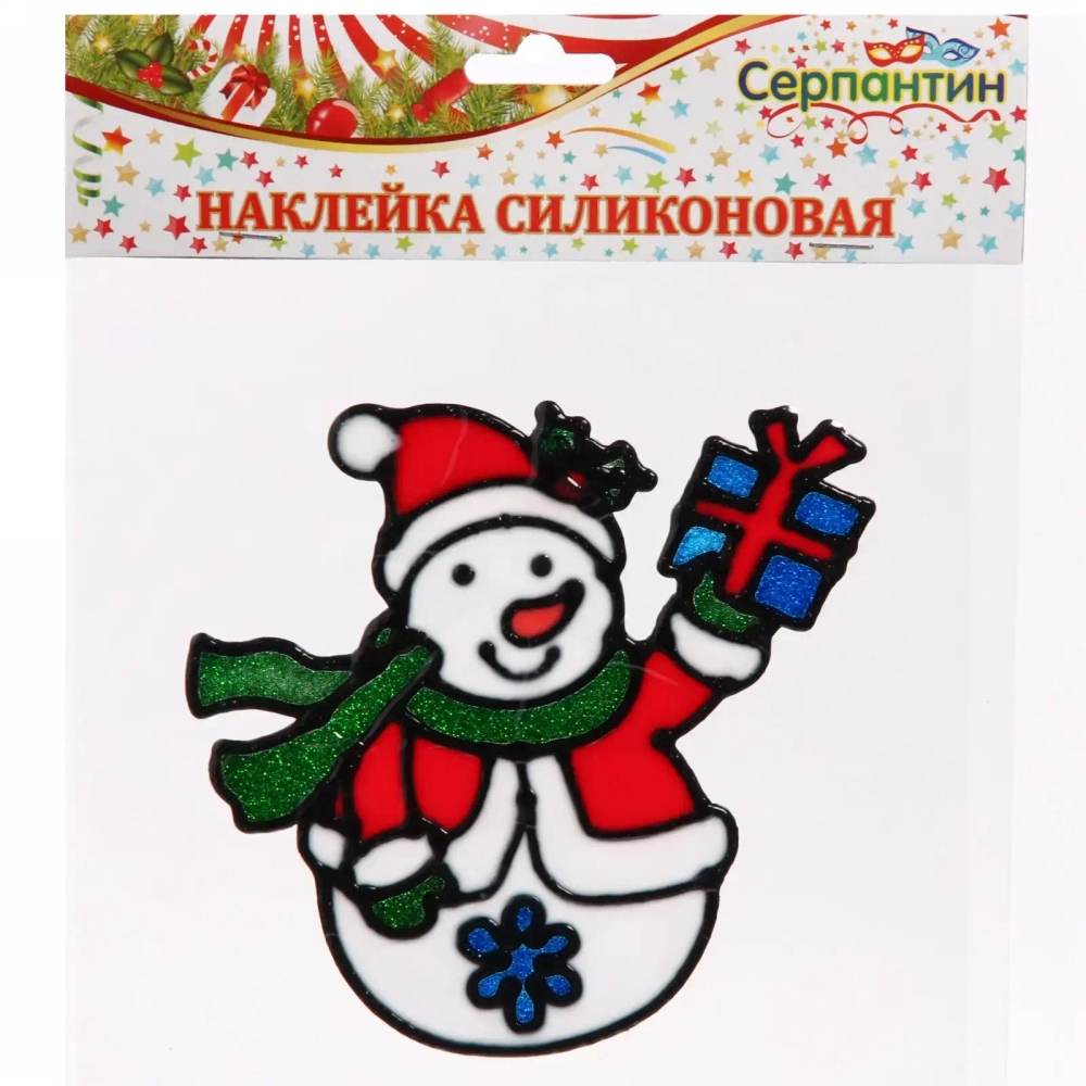 Наклейка на стекло 19*19 см,»Снеговичок с новогодний»