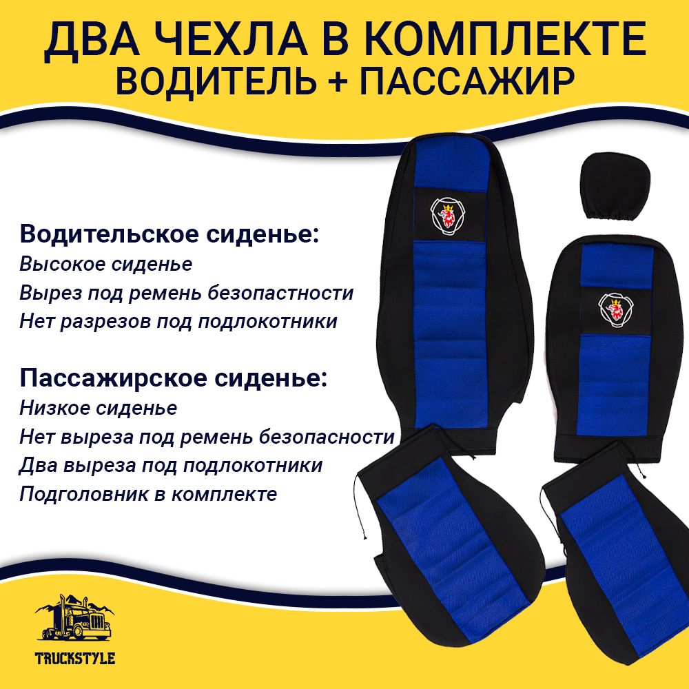 Чехлы SCANIA: 5 серия высокое/низкое сиденье (полиэфир, черный, синяя вставка)