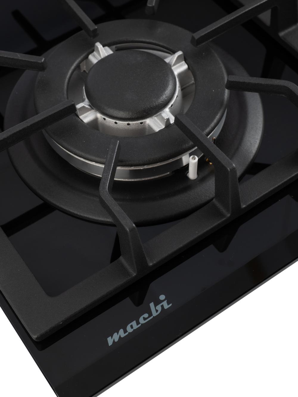Газовая варочная панель шириной 60 см, Macbi MBH64WFGI.V2-BL Чернаяс Wok-конфоркой, Черное закаленное стекло, Электроподжиг, Газ-контроль, Решетки из чугуна