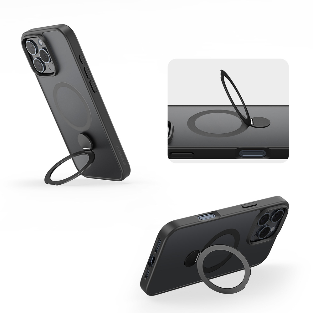 Прозрачный матовый чехол с черными рамками и с поддержкой MagSafe от Dux Ducis для iPhone 16 Pro Max, серия Yind Series Case (версия с магнитной откидной подставкой)