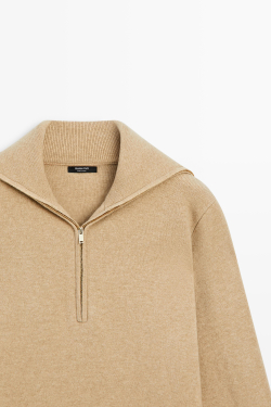 Massimo Dutti Вязаный свитер с широким вырезом и застежкой-молнией, горчичный