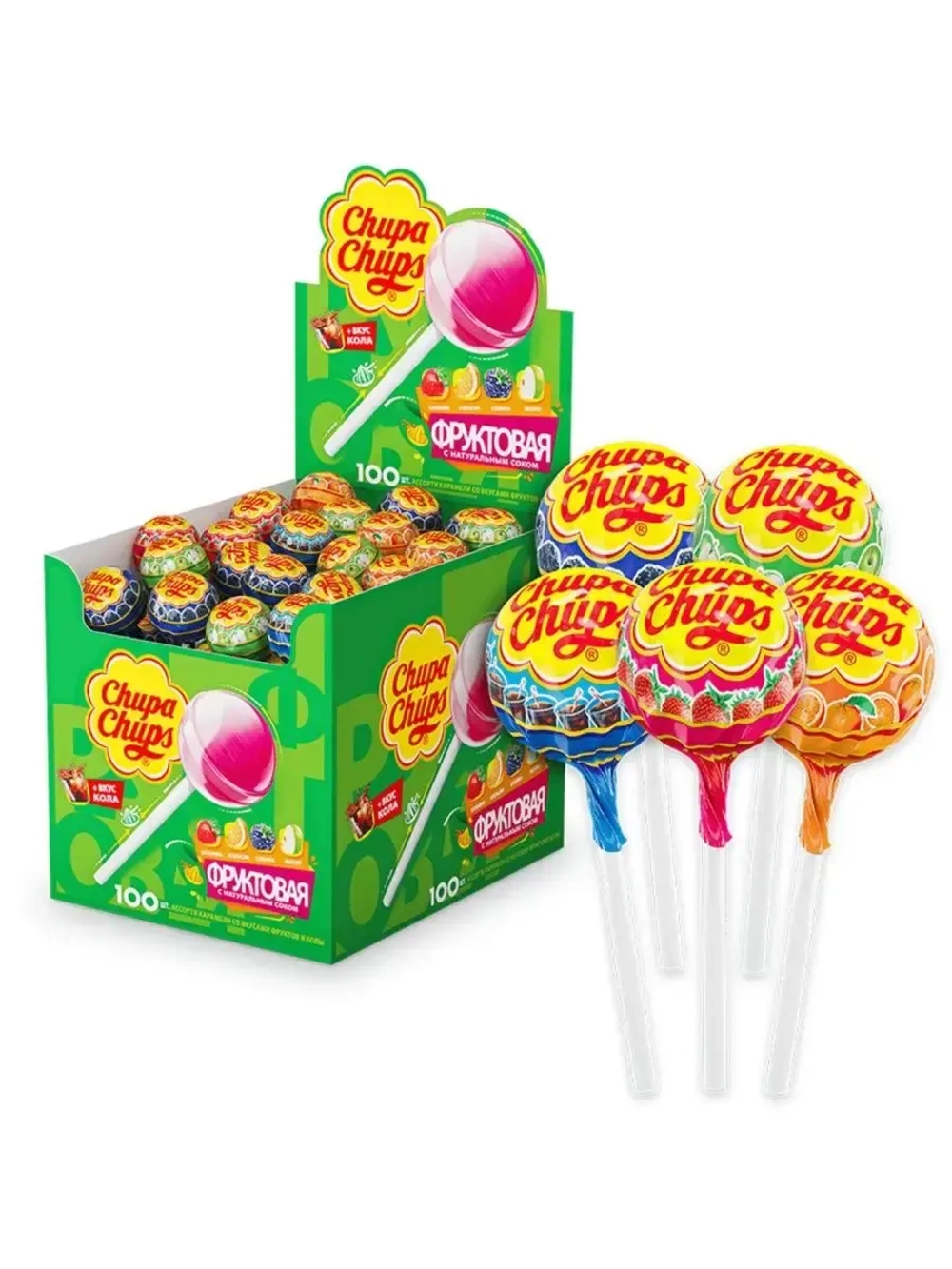 Карамель Chupa Chups со вкусом фруктов и колы