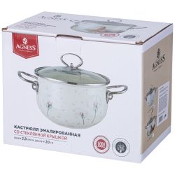 КАСТРЮЛЯ AGNESS ЭМАЛИРОВАННАЯ СО СТЕКЛЯННОЙ КРЫШКОЙ СЕРИЯ "DANDELION", 2,8 Л ДИА. 20СМ