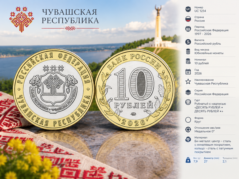 Россия 10 рублей, 2026 Чувашская Республика