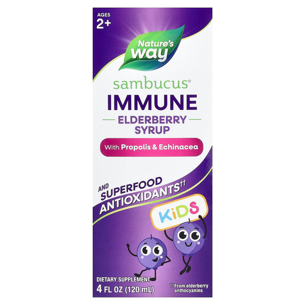 Nature's Way, Sambucus® Kids, сироп для иммунитета из бузины с прополисом и эхинацеей, для детей от 2 лет, 120 мл (4 жидк. унции)