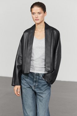 Massimo Dutti Кимоно с лацканами из кожи наппа, черный