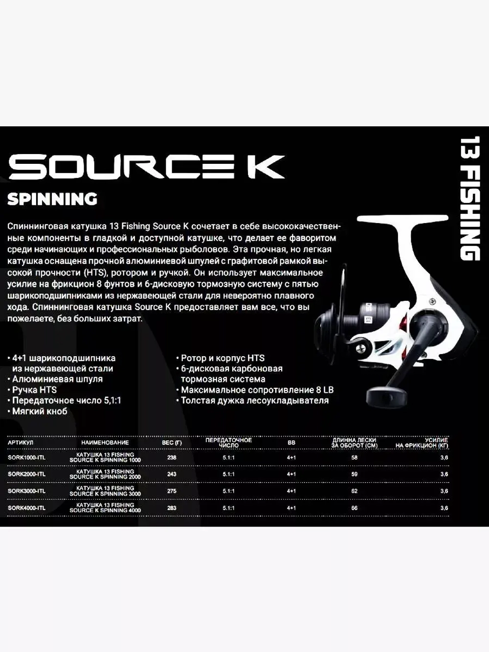 Катушка для рыбалки 13 FISHING Source K Spinning 1000