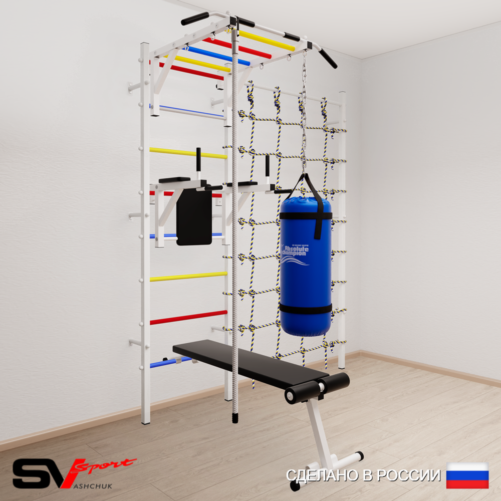 Шведская стенка Sv Sport 55030 (Турник рукоход/Брусья/Скамья/Канат/Цепь/Мешок 30кг/Канатный лаз)