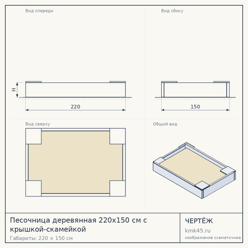 Песочница деревянная 220x150 см с крышкой-скамейкой — от 47 000 ₽