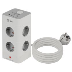 Сетевой фильтр ЭРА TWR-8es-1,5m-4USB-W башня с защитой заземлением с выключателем 8 розеток+4xUSBA+C 1,5м 16А белый | Электротовары