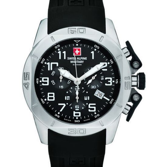 С ремешком Мужские наручные часы с черным силиконовым ремешком Swiss Alpine Military 7063.9837 chrono 45mm 10ATM