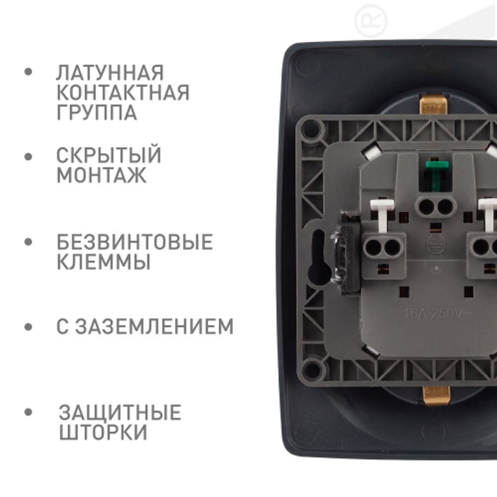 Розетка ЭРА Серия 12 12-2108-06 2X2P+E Schuko со шторками 16A-250В IP20 чёрный | Эра 12