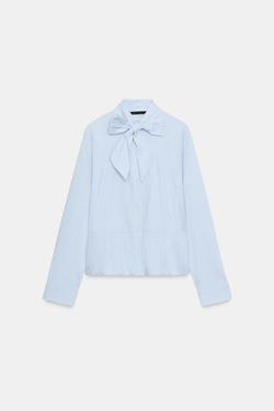 ZARA РУБАШКА В ПОЛОСКУ С ЗАВЯЗКОЙ, СИНИЙ/БЕЛЫЙ