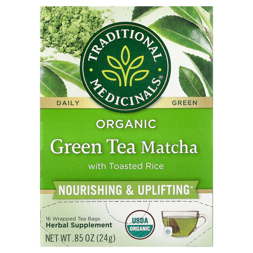 Traditional Medicinals, органический зеленый чай матча с обжаренным рисом, 16 упакованных чайных пакетиков, 24 г (0,85 унции)
