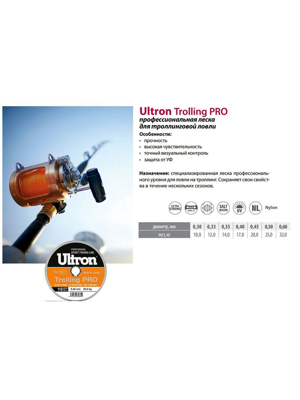 Монофильная леска рыболовная Trolling PRO 0,45 мм, 20,0 кг