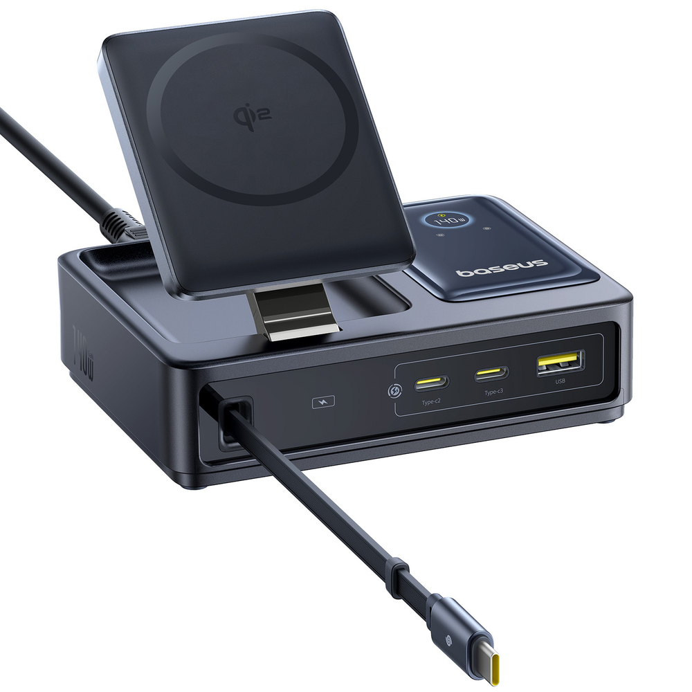 Зарядное устройство Baseus NOMOS 5-in-1 Desktop Charger Qi2 15W Wireless Charging+Retractable Cable 3C+U 140W (MagSafe)