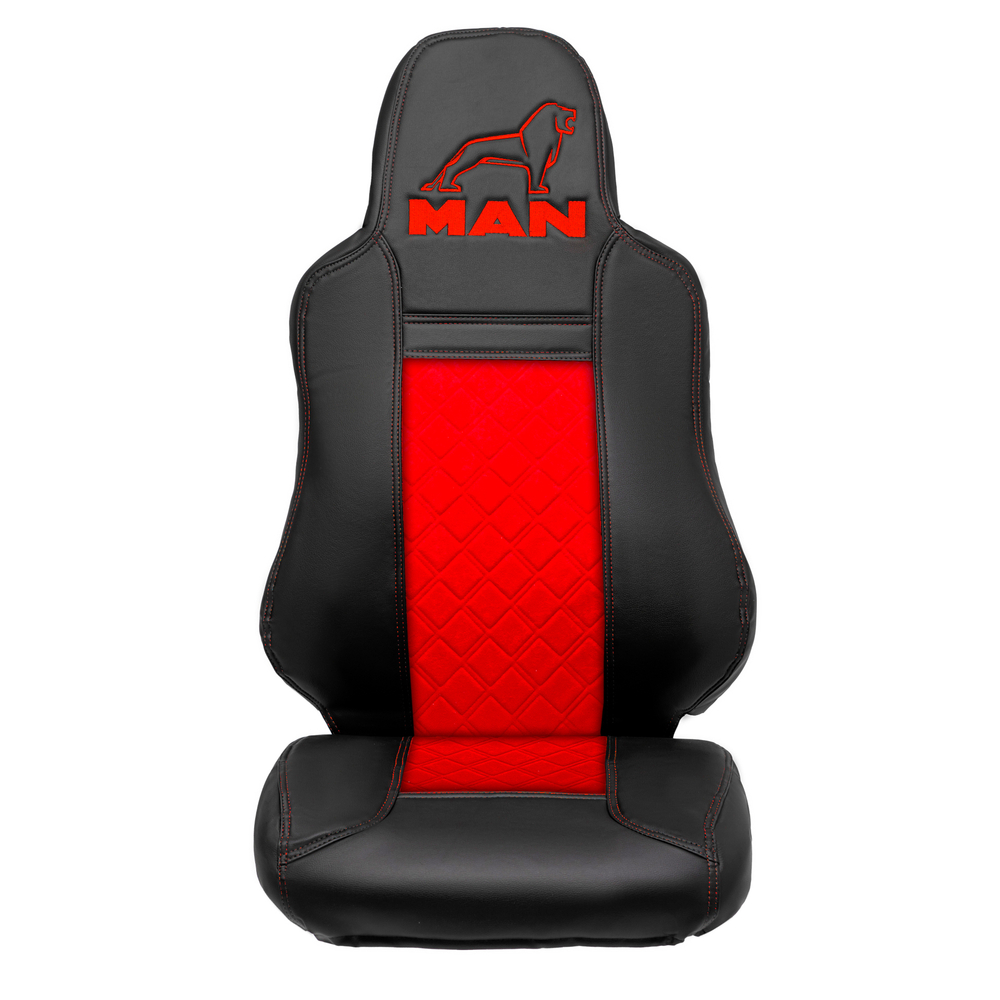 Чехлы MAN TGX, TGS с 2021 года без регулировки ремня безопасности водителя по высоте (экокожа, красный)