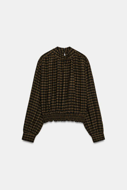 ZARA БЛУЗА В КЛЕТКУ, ТЕМНО-КОРИЧНЕВЫЙ