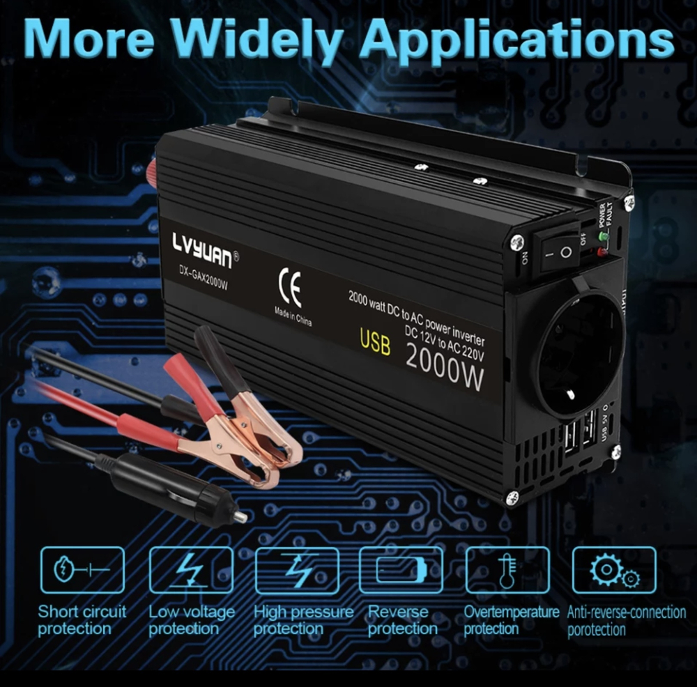 Инвертор 12V-220V 2000W черный евророзетка Lvyuan