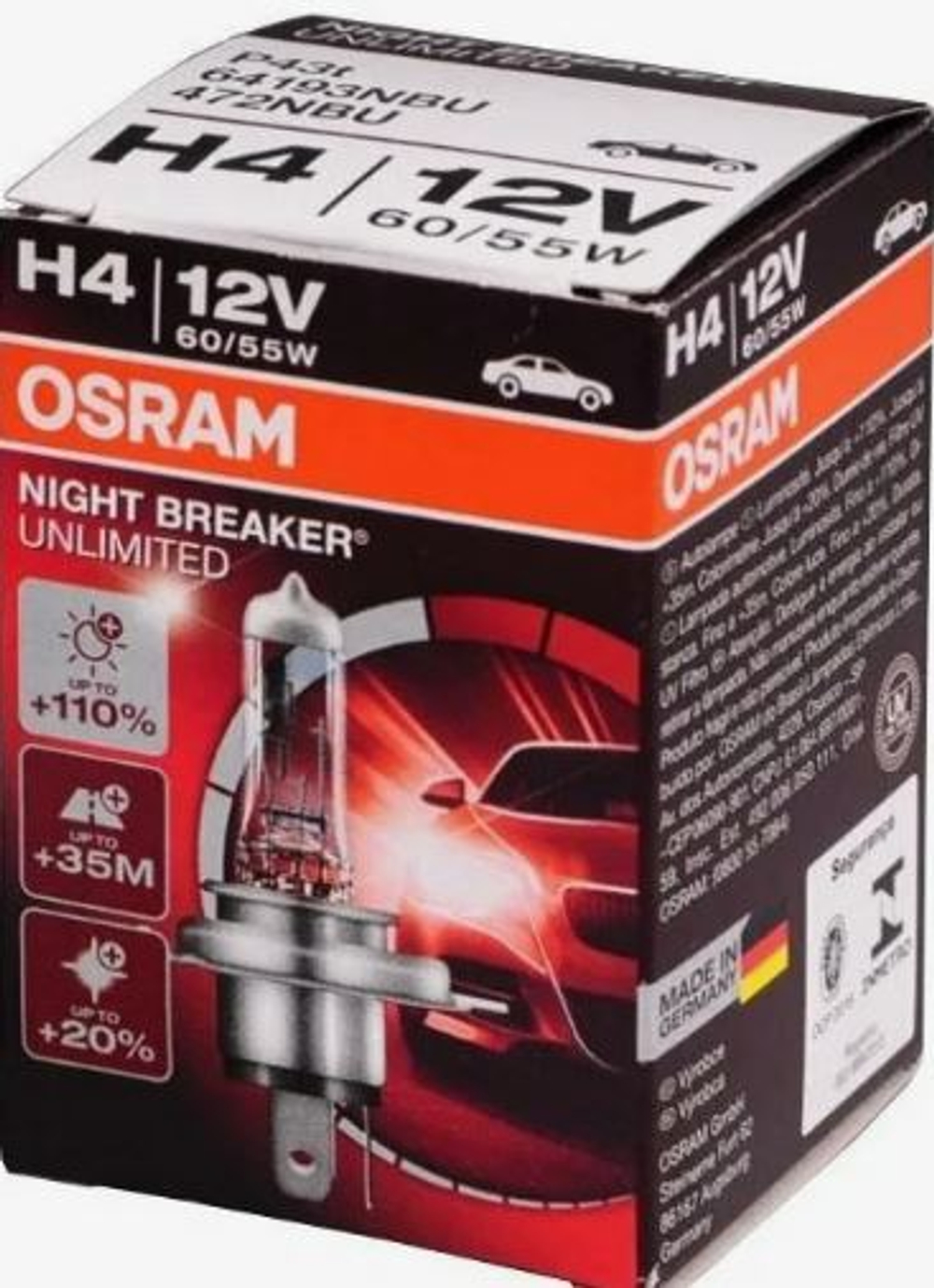 Автолампа H4 12V 60/55W P43t Osram  +200% NIGHT BREAKER 200 (64193NB200) 1шт ORIGINAL