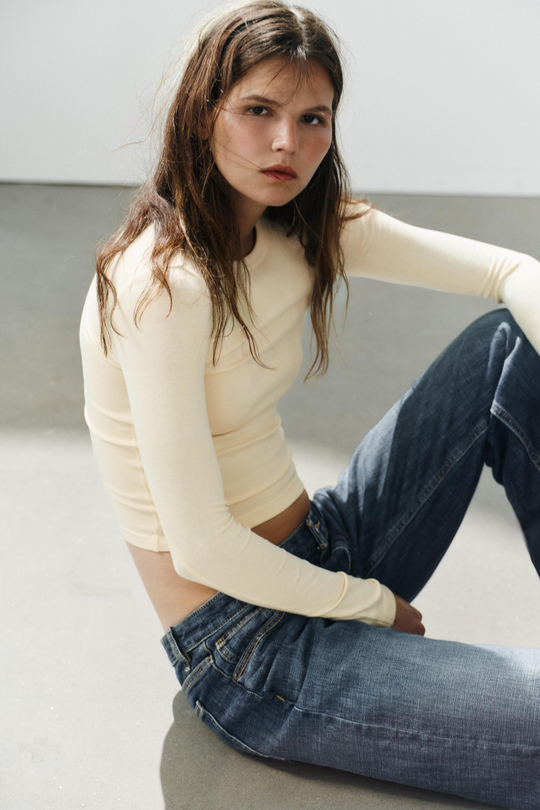 ZARA ХЛОПКОВАЯ ФУТБОЛКА С ДЛИННЫМИ РУКАВАМИ, ЖЕЛТЫЙ
