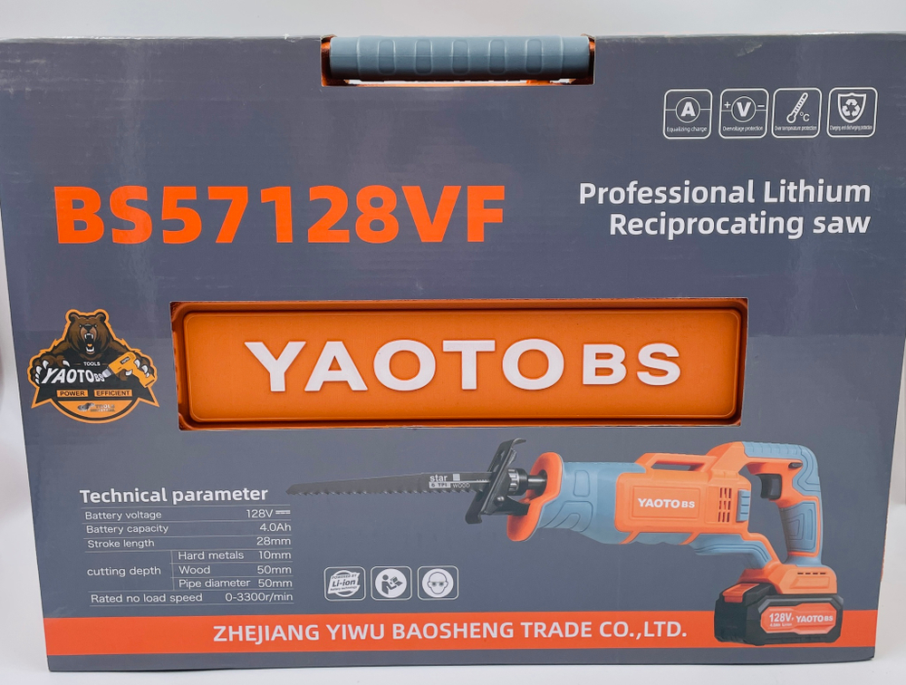 Сабельная пила Yaoto, 3300 ход./мин, плавная регулировка, Li-Ion 21V, 4 Ач, 2 аккумулятора