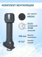 Комплект вентиляции: Вентиляционный выход изолированный D125/160 утепленный высота H=700 мм, проходной элемент Kredo, колпак вентиляционный D160 мм, серый