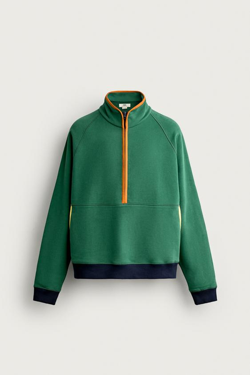 ZARA ТОЛСТОВКА С ВОРОТНИКОМ И МОЛНИЕЙ В СТИЛЕ COLOR BLOCK, ЗЕЛЕНЫЙ